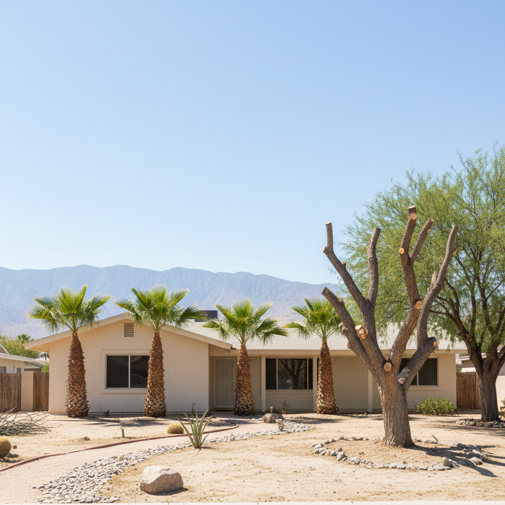 Completed tree pruning work at a residential property in Desert Hot Springs, CA