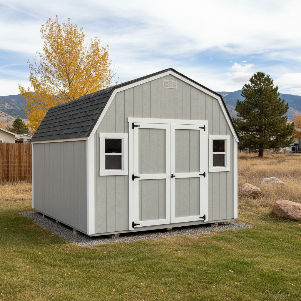 Completed shed delivery and installation work at a residential property in Loveland, CO