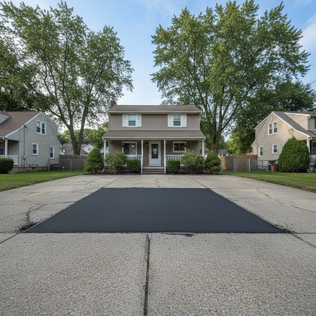 Completed asphalt patching work at a residential property in Jersey City, NJ
