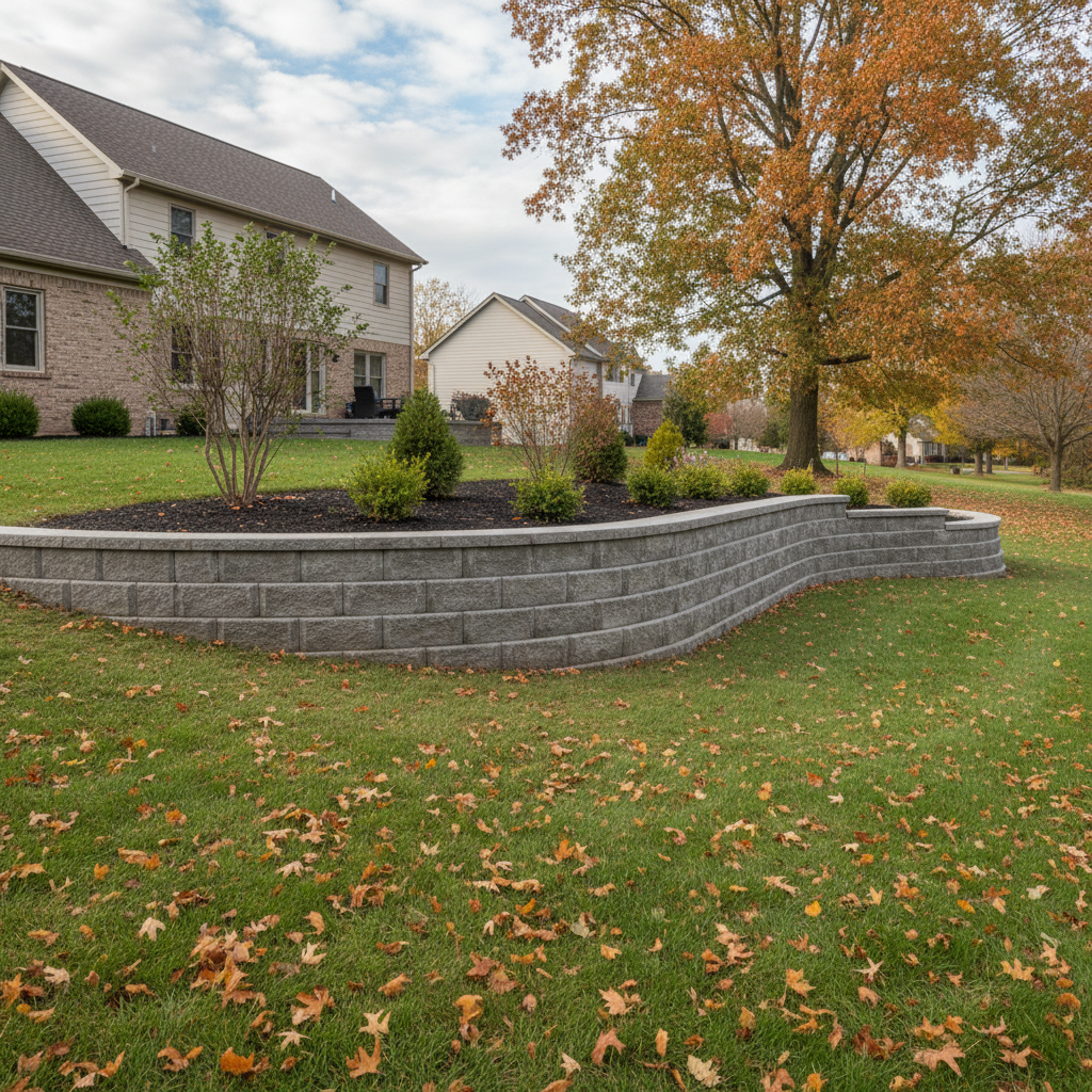 Completed concrete retaining walls work at a residential property in Akron, OH