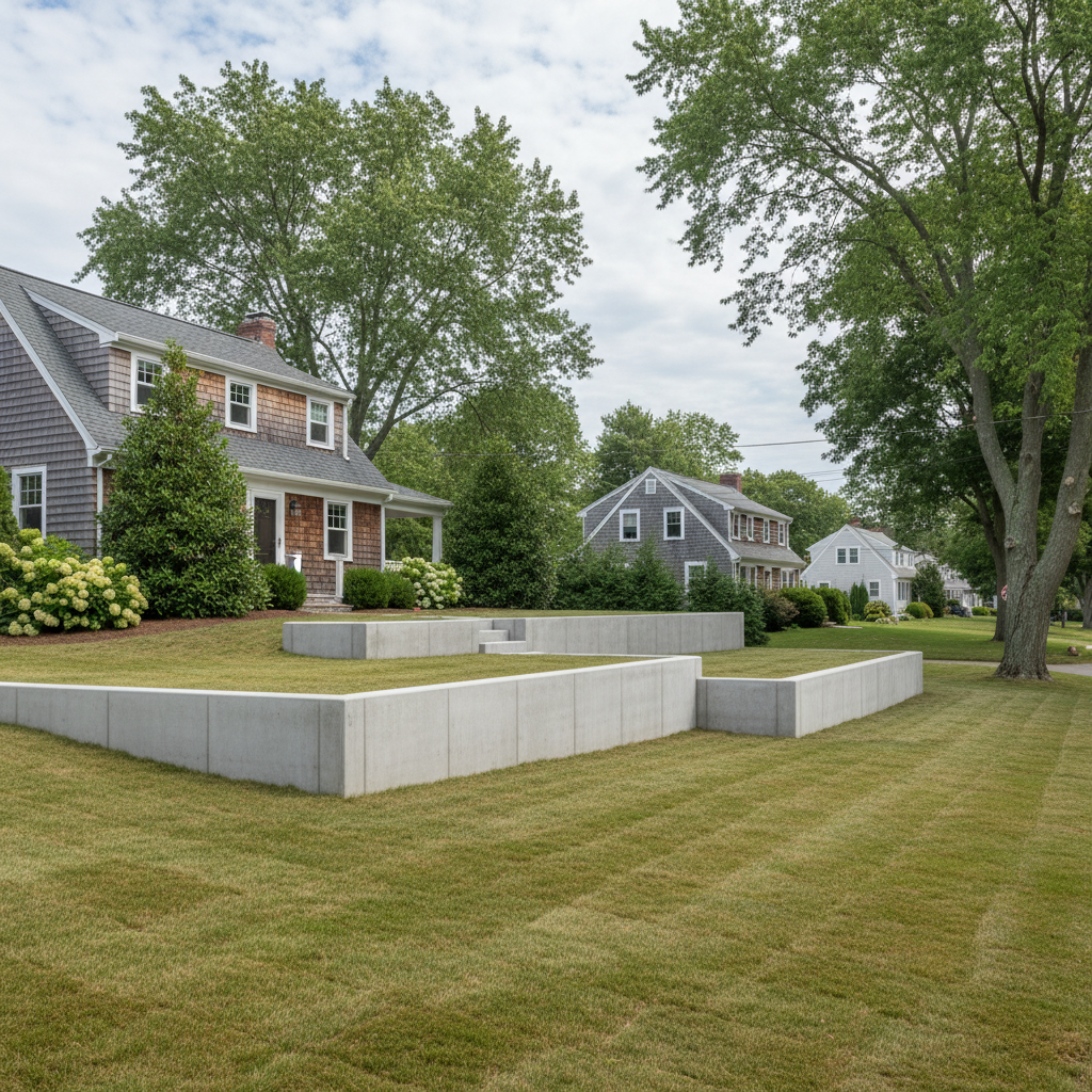 Completed concrete retaining walls work at a residential property in Barrington, RI
