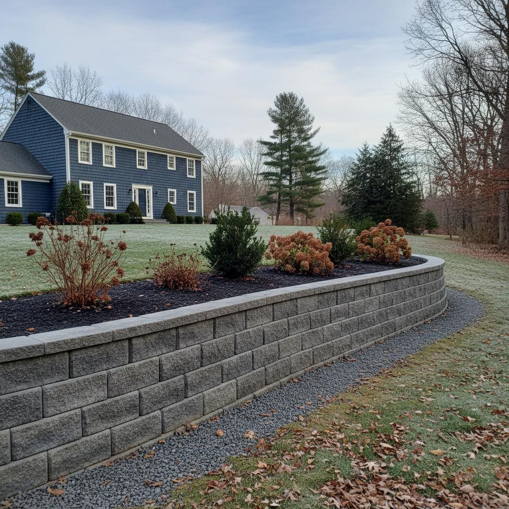 Completed concrete retaining walls work at a residential property in Cranston, RI
