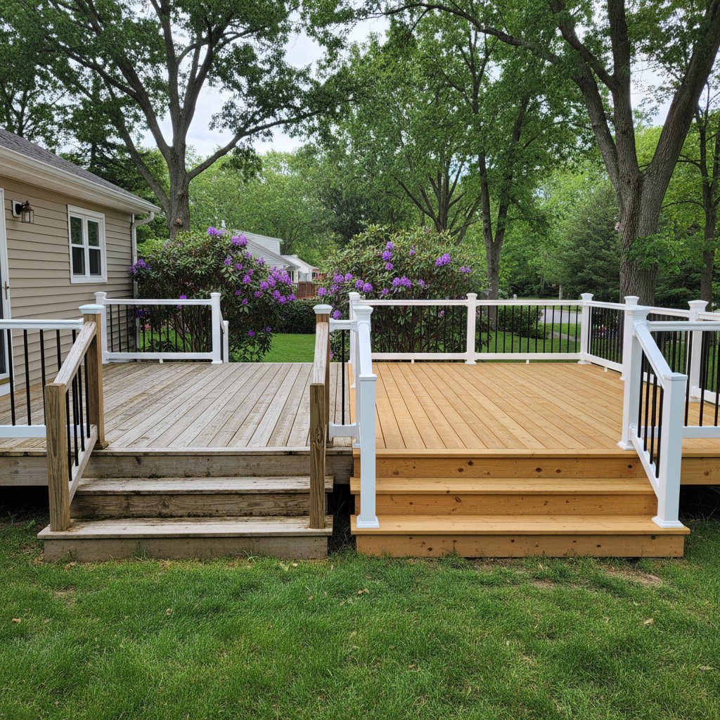 Completed deck construction work at a residential property in Cranston, RI