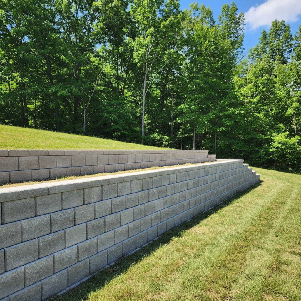 Completed concrete retaining walls work at a residential property in Maryville, TN