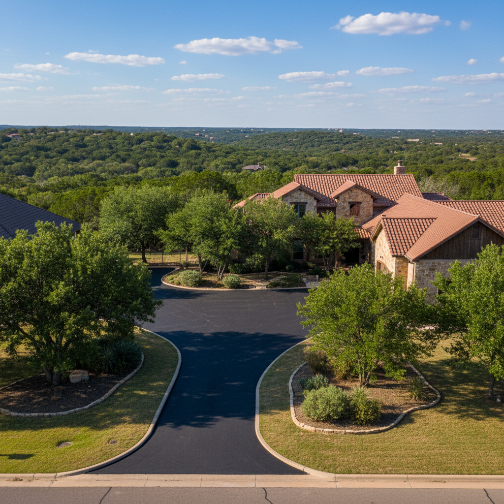 Completed driveway paving work at a residential property in Fredericksburg, TX