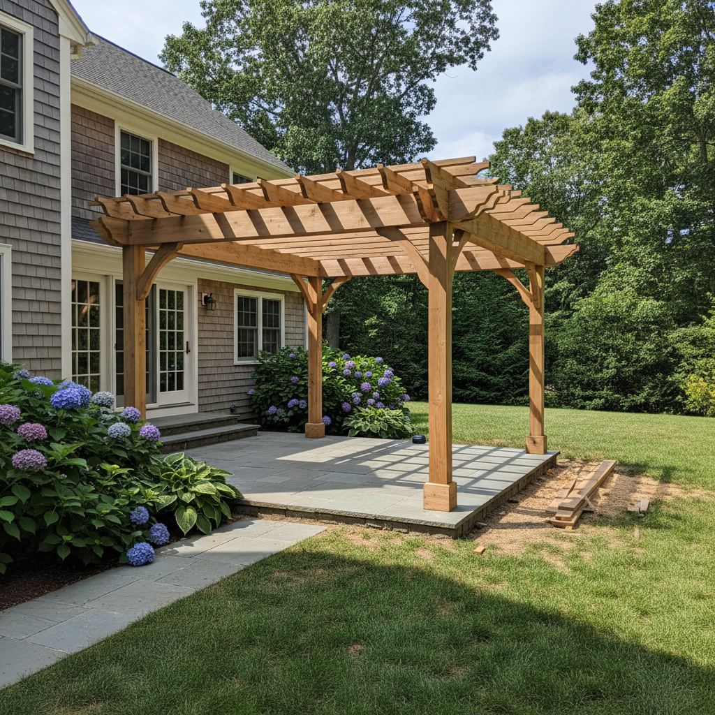 Completed pergola construction work at a residential property in Brookline, MA