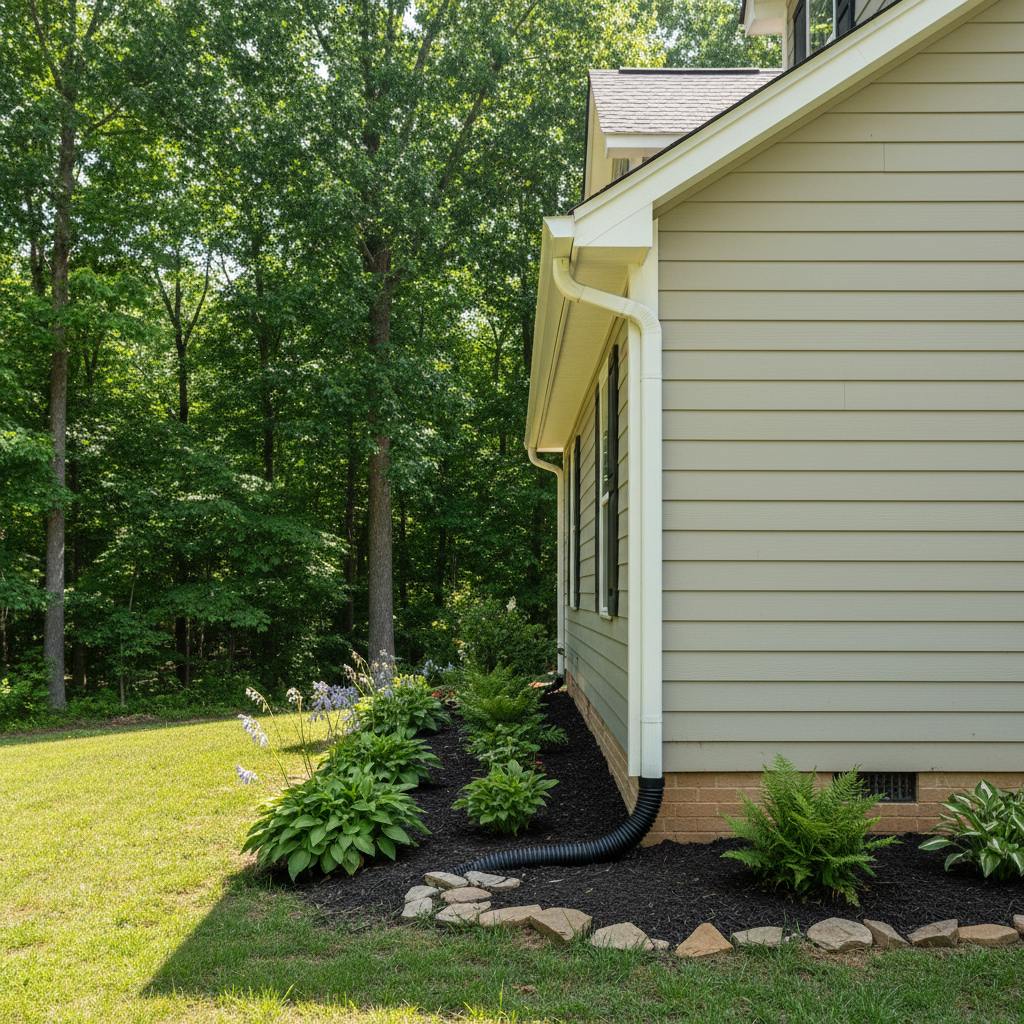 Completed downspout repair work at a residential property in Louisburg, NC
