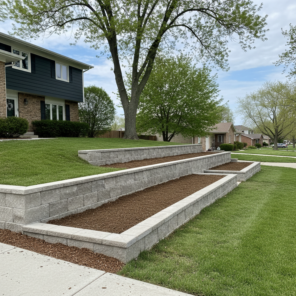 Completed concrete retaining walls work at a residential property in Naperville, IL