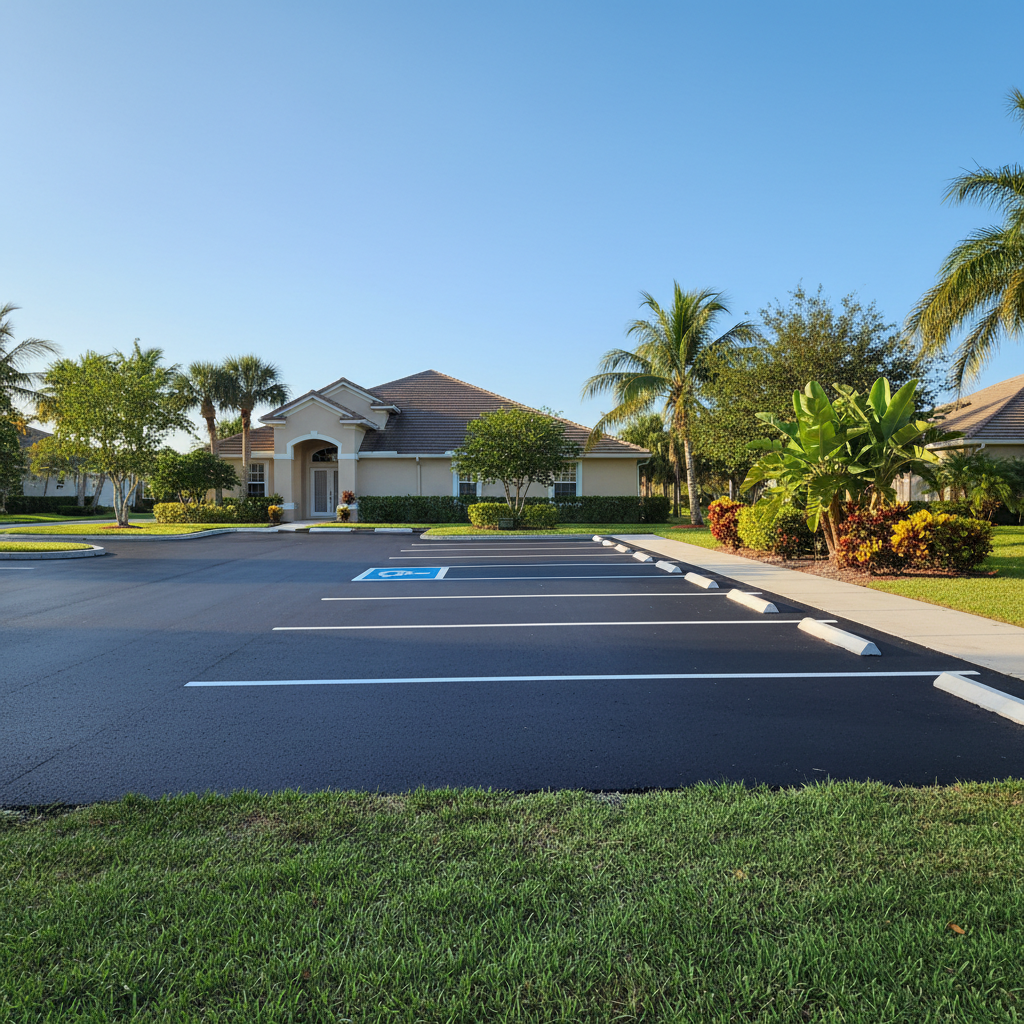 Completed parking lot paving work at a residential property in Sarasota, FL