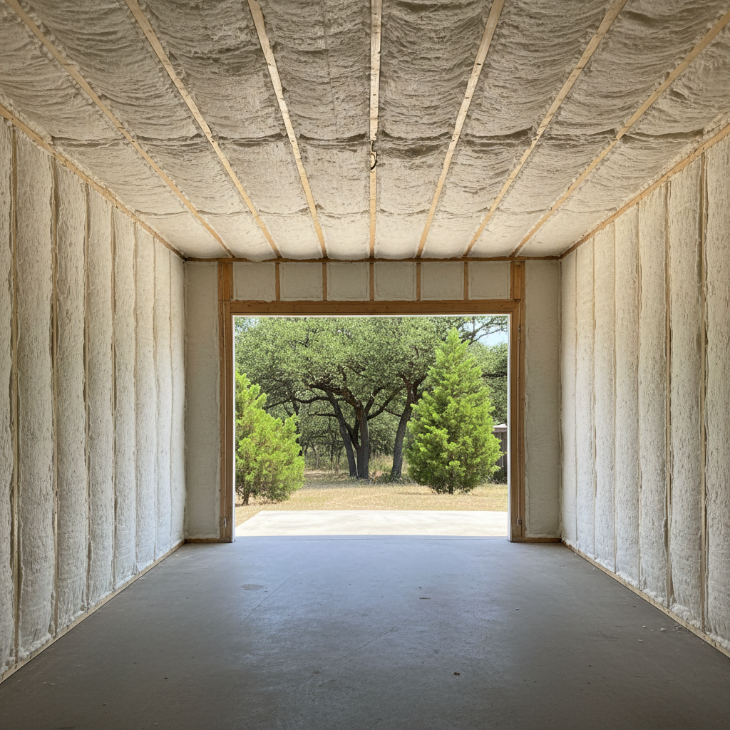 Completed garage insulation work at a residential property in New Braunfels, TX