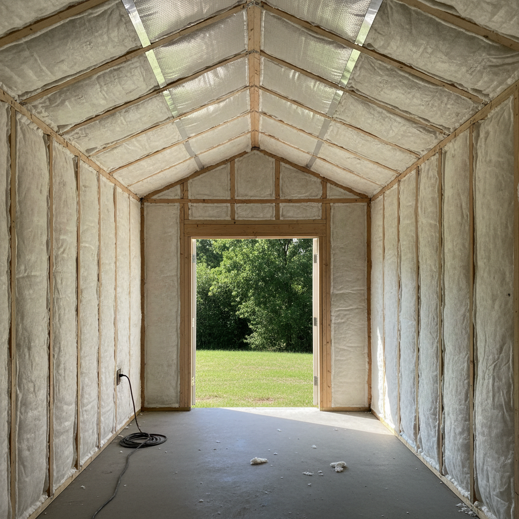 Completed shed insulation work at a residential property in Pflugerville, TX