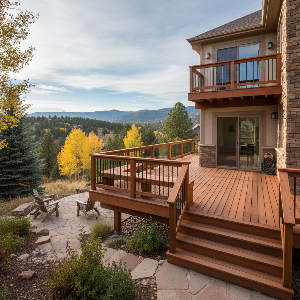 Completed wooden decks work at a residential property in Lakewood, CO