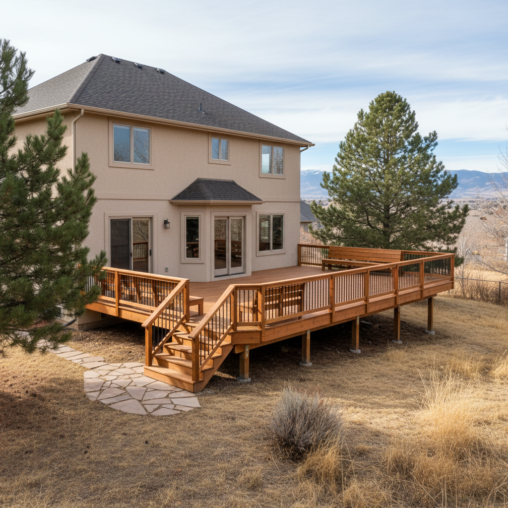 Completed wooden decks work at a residential property in Lakewood, CO