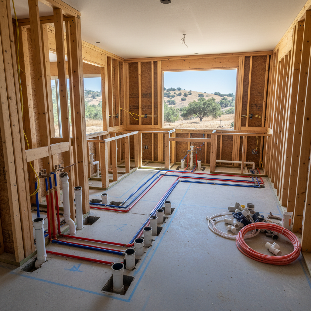 Completed plumbing rough-in work at a residential property in Corona, CA