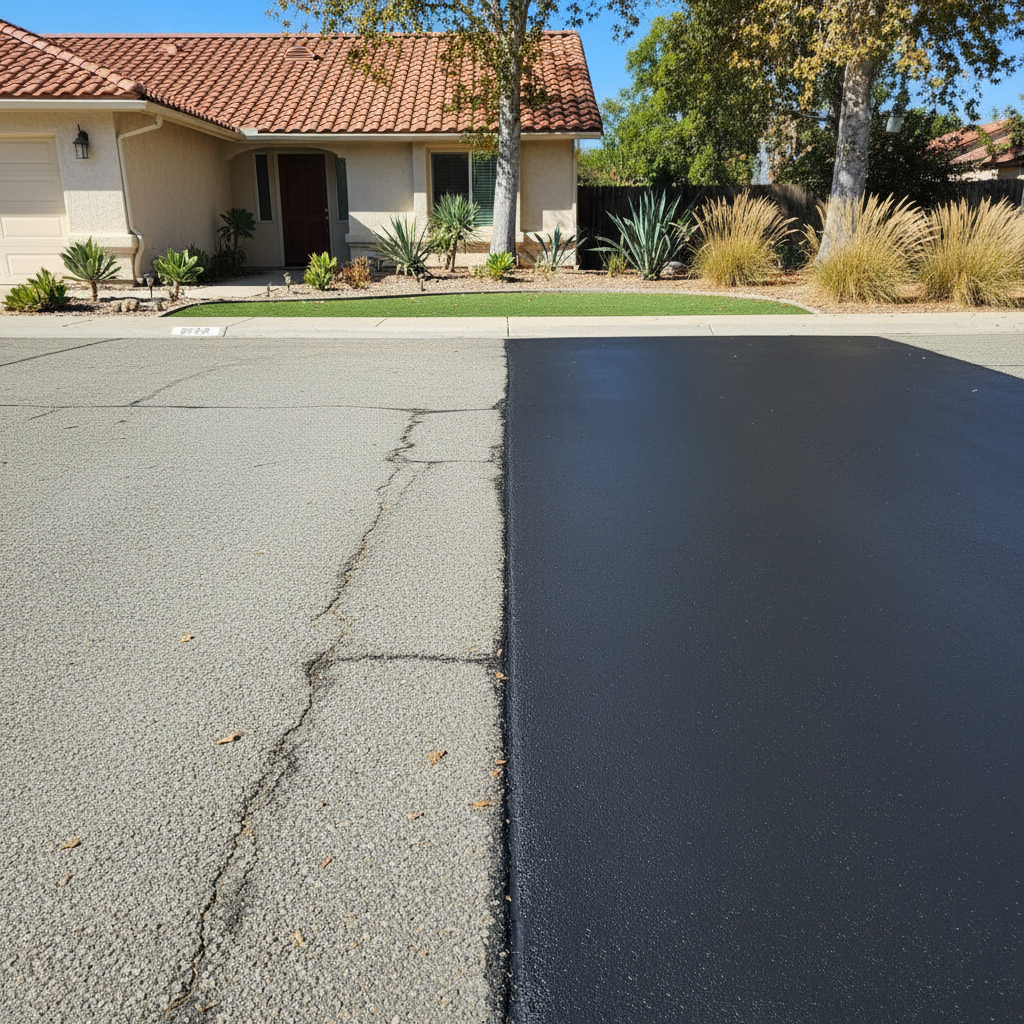 Completed asphalt sealcoating work at a residential property in Placentia, CA