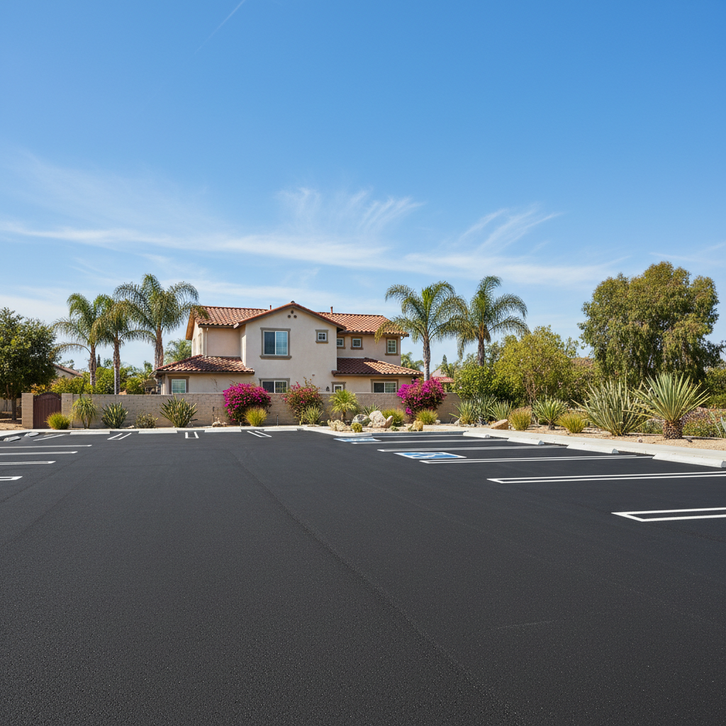 Completed parking lot paving work at a residential property in Placentia, CA