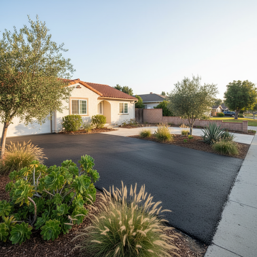 Completed asphalt repair work at a residential property in La Habra, CA
