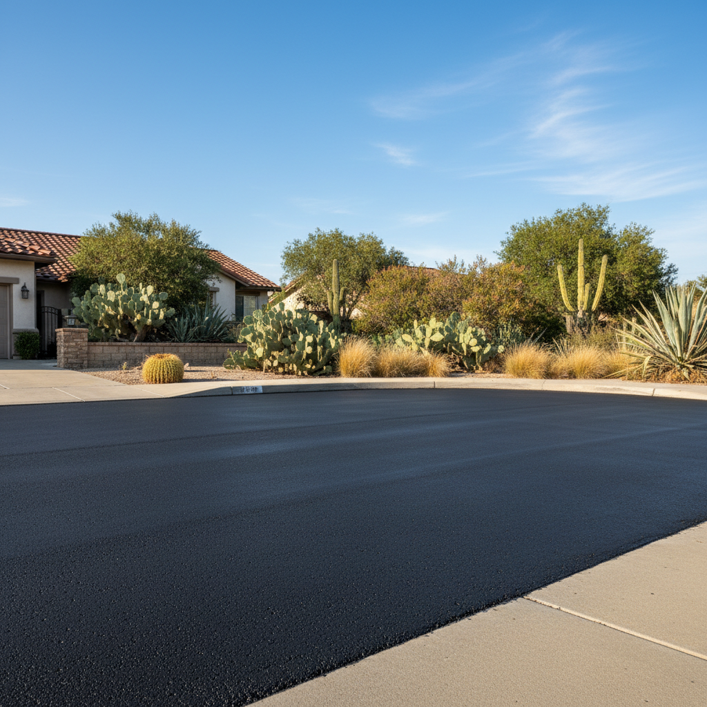 Completed asphalt sealcoating work at a residential property in San Marcos, CA