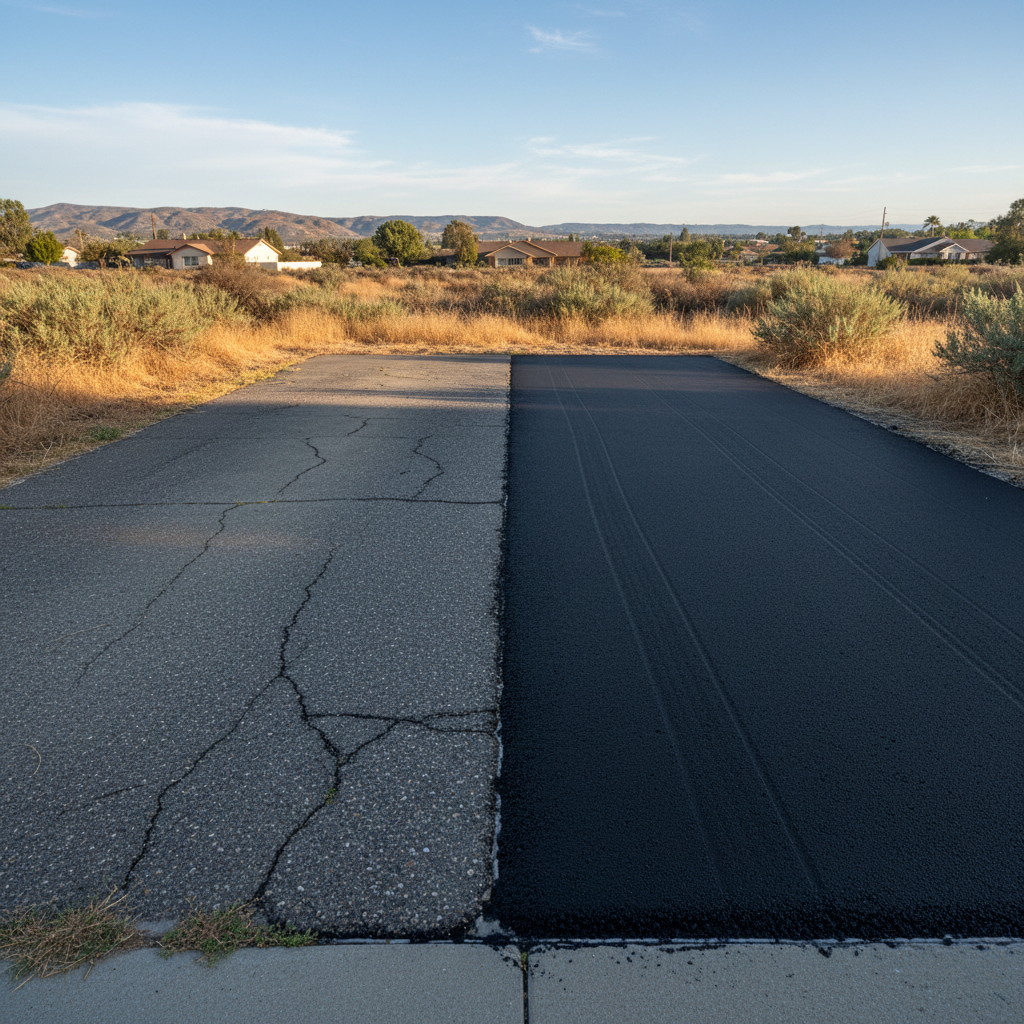 Completed asphalt patching work at a residential property in Colton, CA