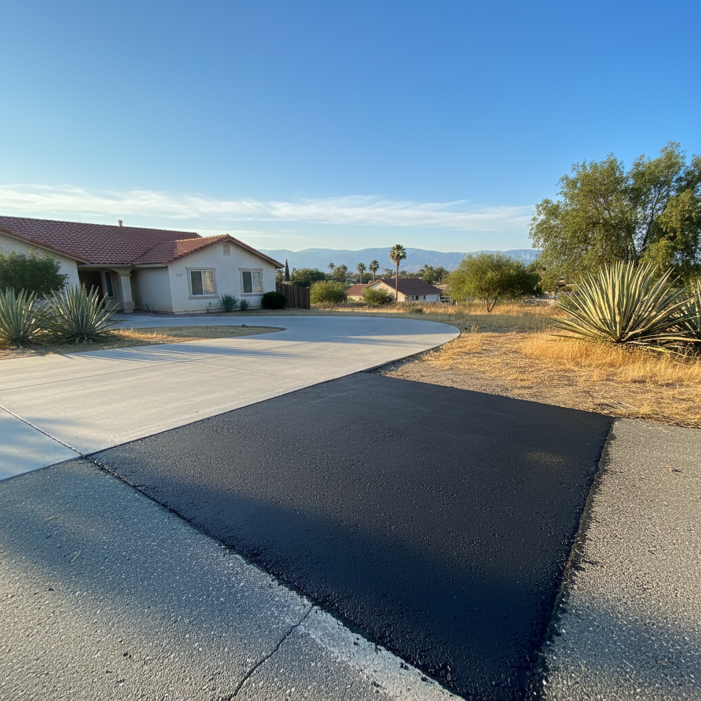 Completed asphalt repair work at a residential property in Colton, CA