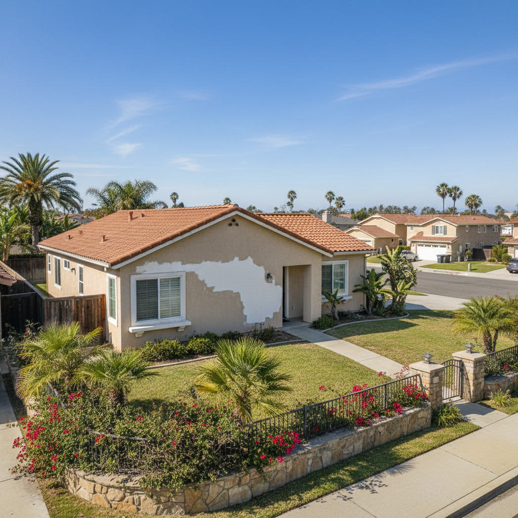 Completed stucco repair work at a residential property in Huntington Beach, CA
