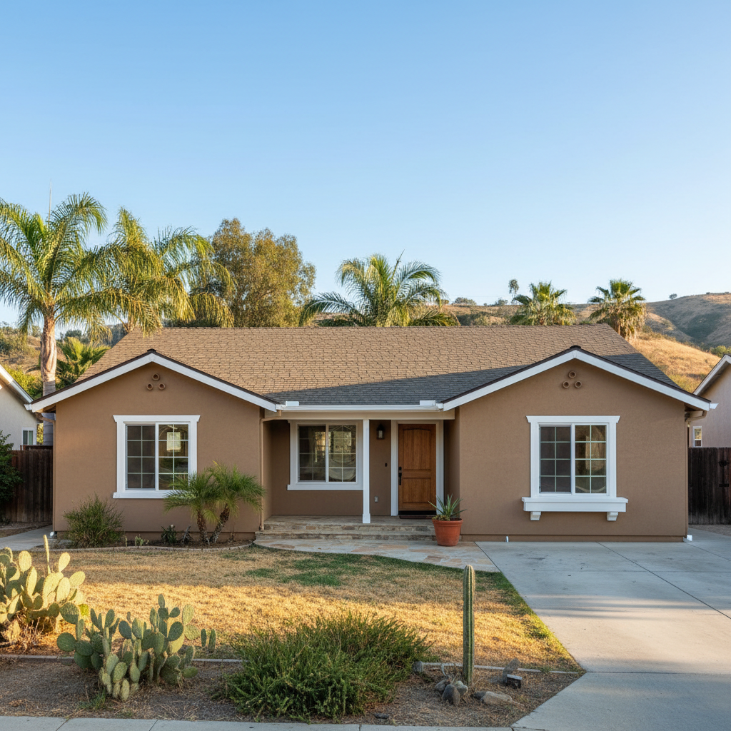 Completed stucco painting work at a residential property in Riverside, CA