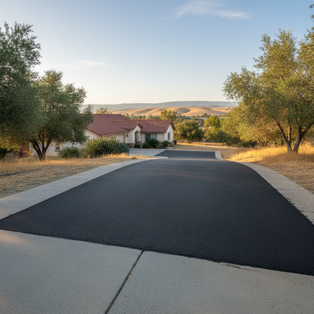 Completed asphalt repair work at a residential property in Orosi, CA