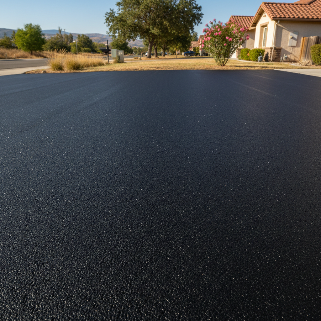 Completed asphalt sealcoating work at a residential property in Orosi, CA