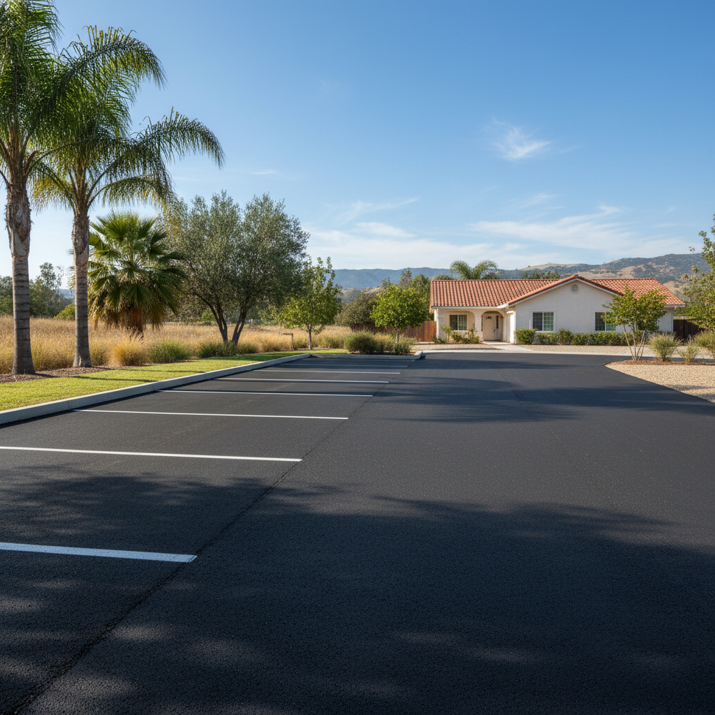 Completed parking lot paving work at a residential property in Orosi, CA