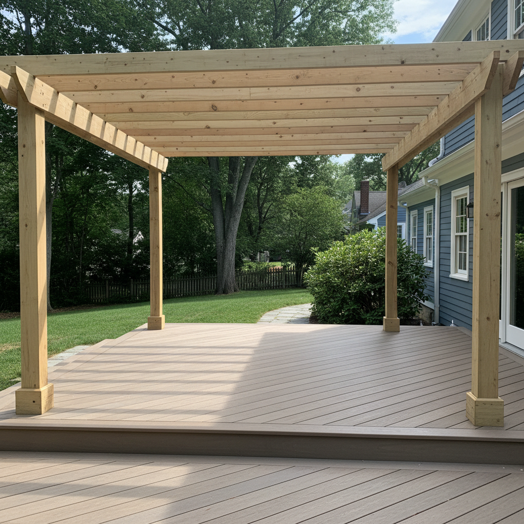Completed pergola construction work at a residential property in Belmont, MA