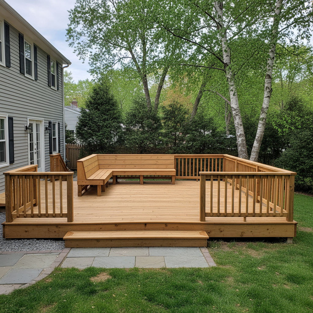 Completed deck construction work at a residential property in Belmont, MA