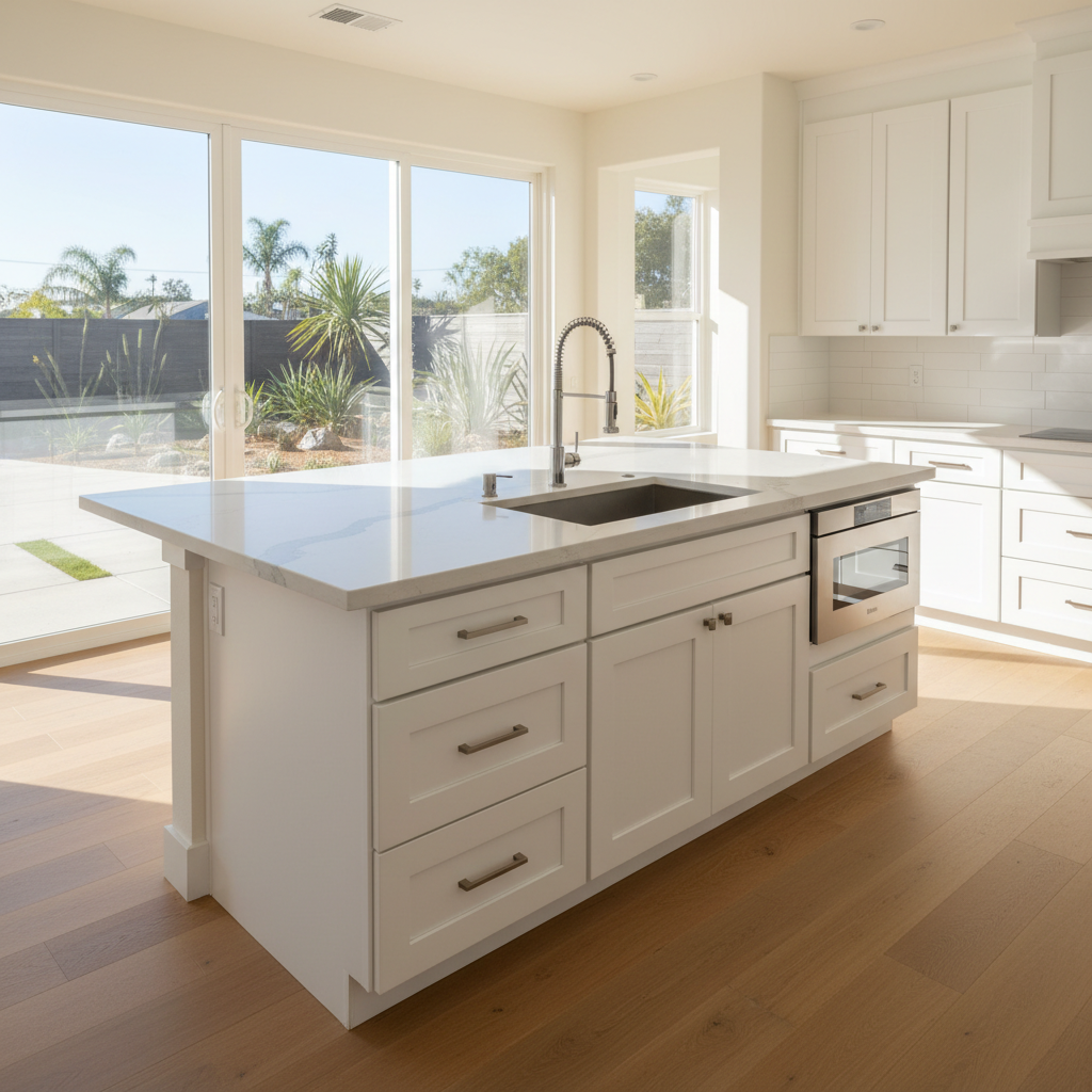 Completed kitchen island installation work at a residential property in Huntington Beach, CA