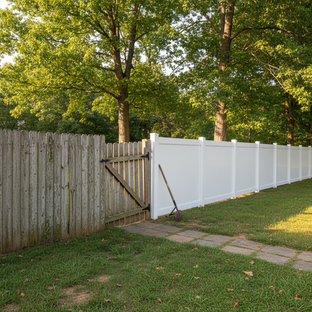 Completed vinyl fence installation work at a residential property in Rockford, TN