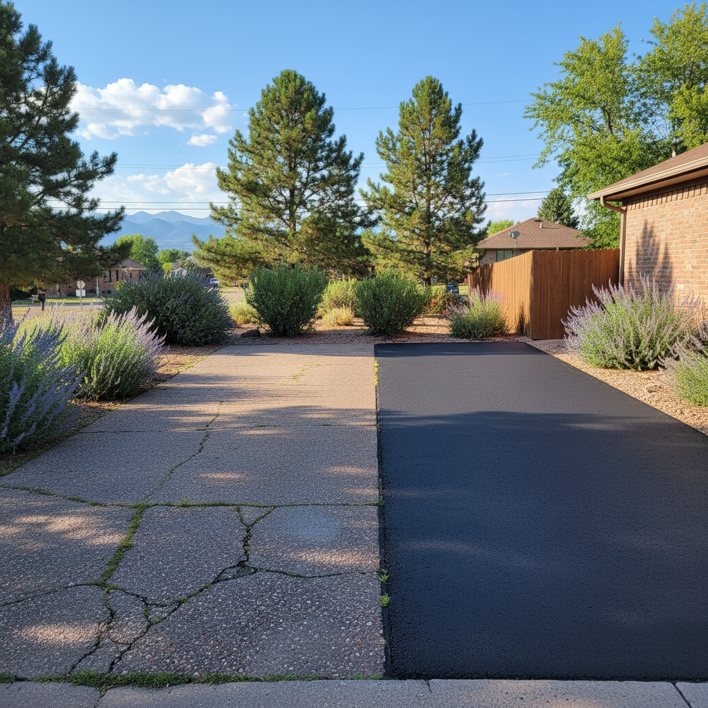Completed driveway paving work at a residential property in Thornton, CO