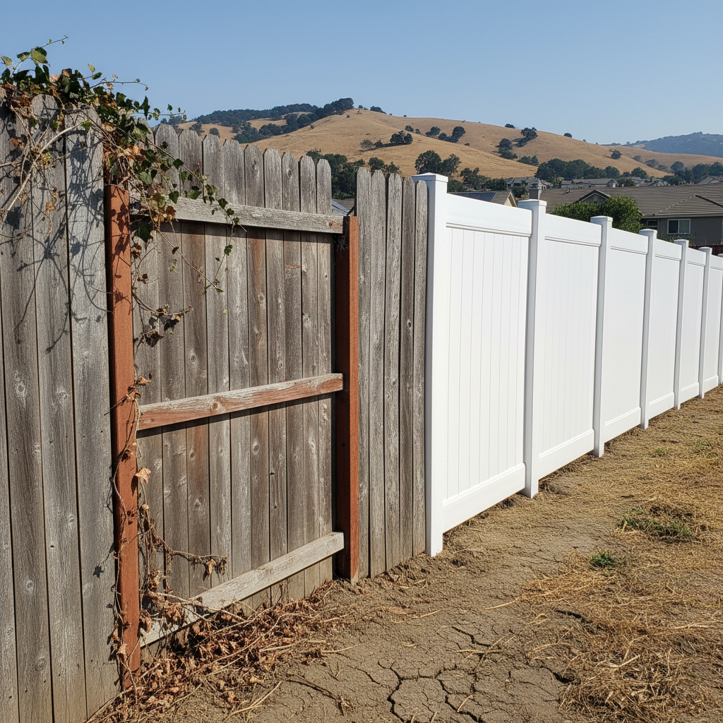 Completed vinyl fence installation work at a residential property in American Canyon, CA