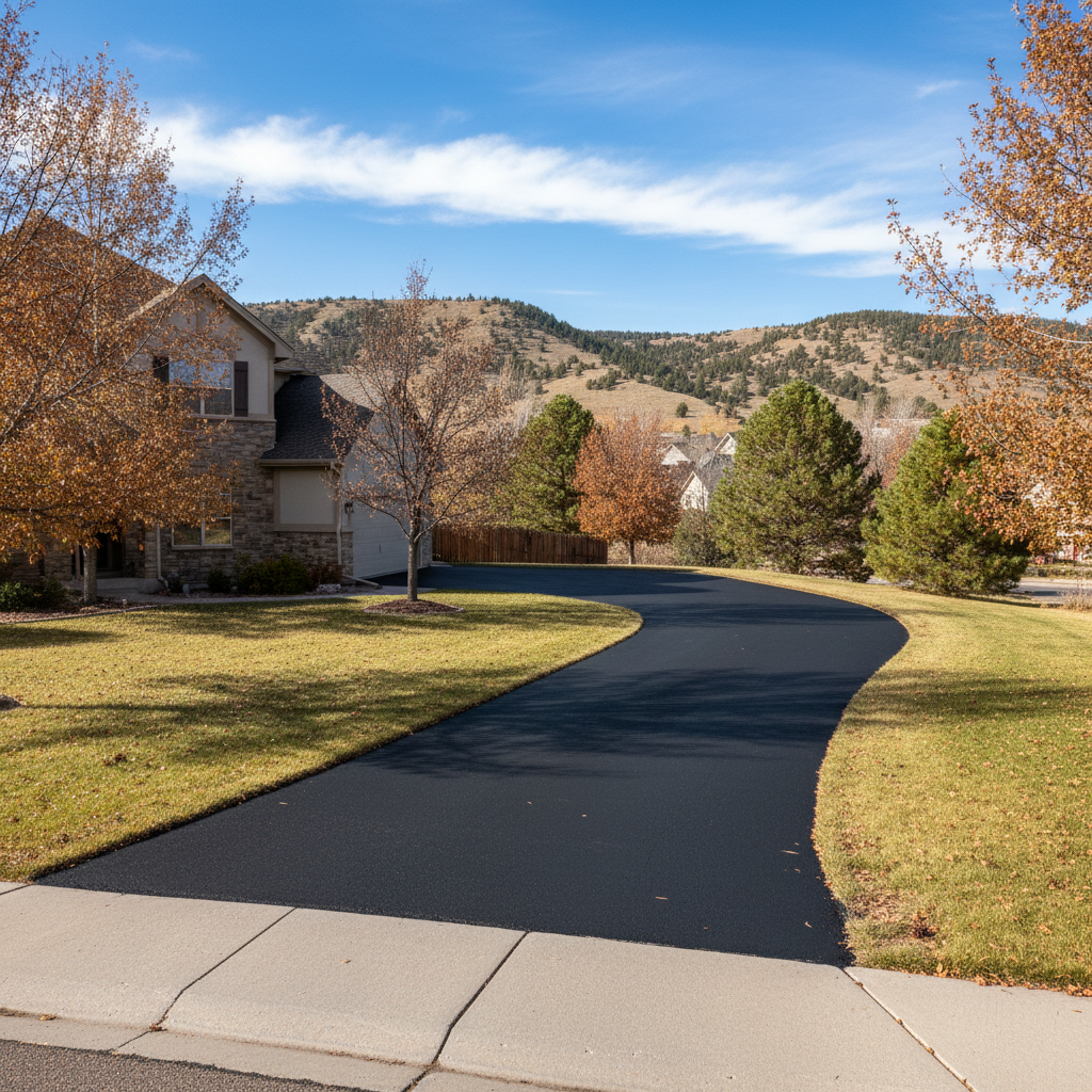 Completed asphalt sealcoating work at a residential property in Thornton, CO
