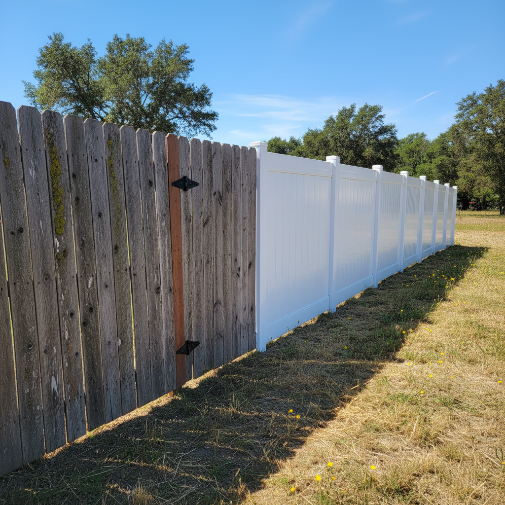 Completed vinyl fence installation work at a residential property in American Canyon, CA