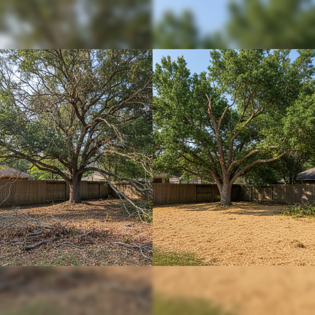 Completed tree trimming work at a residential property in Huffman, TX
