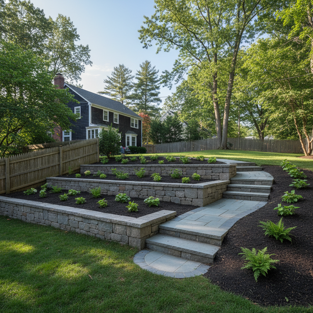 Completed retaining wall construction work at a residential property in Brookline, MA