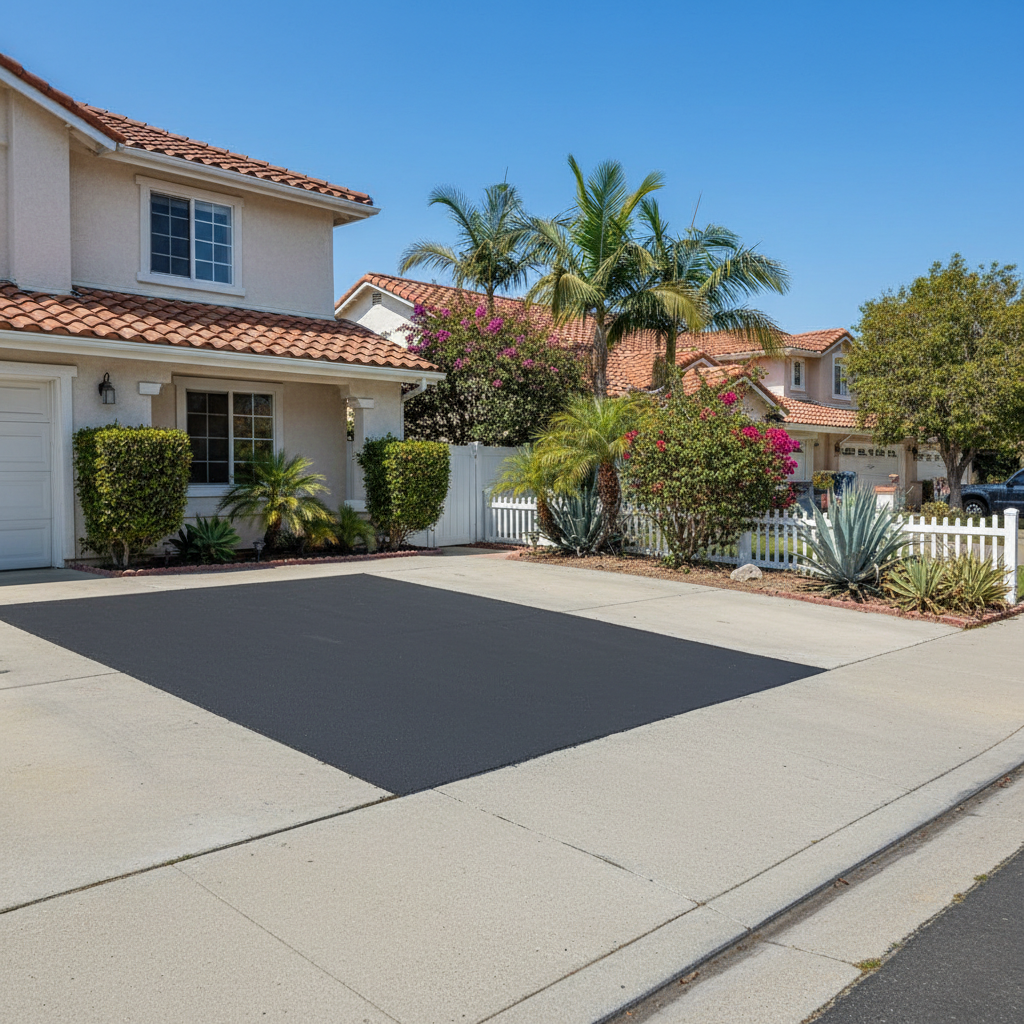 Completed asphalt repair work at a residential property in Garden Grove, CA