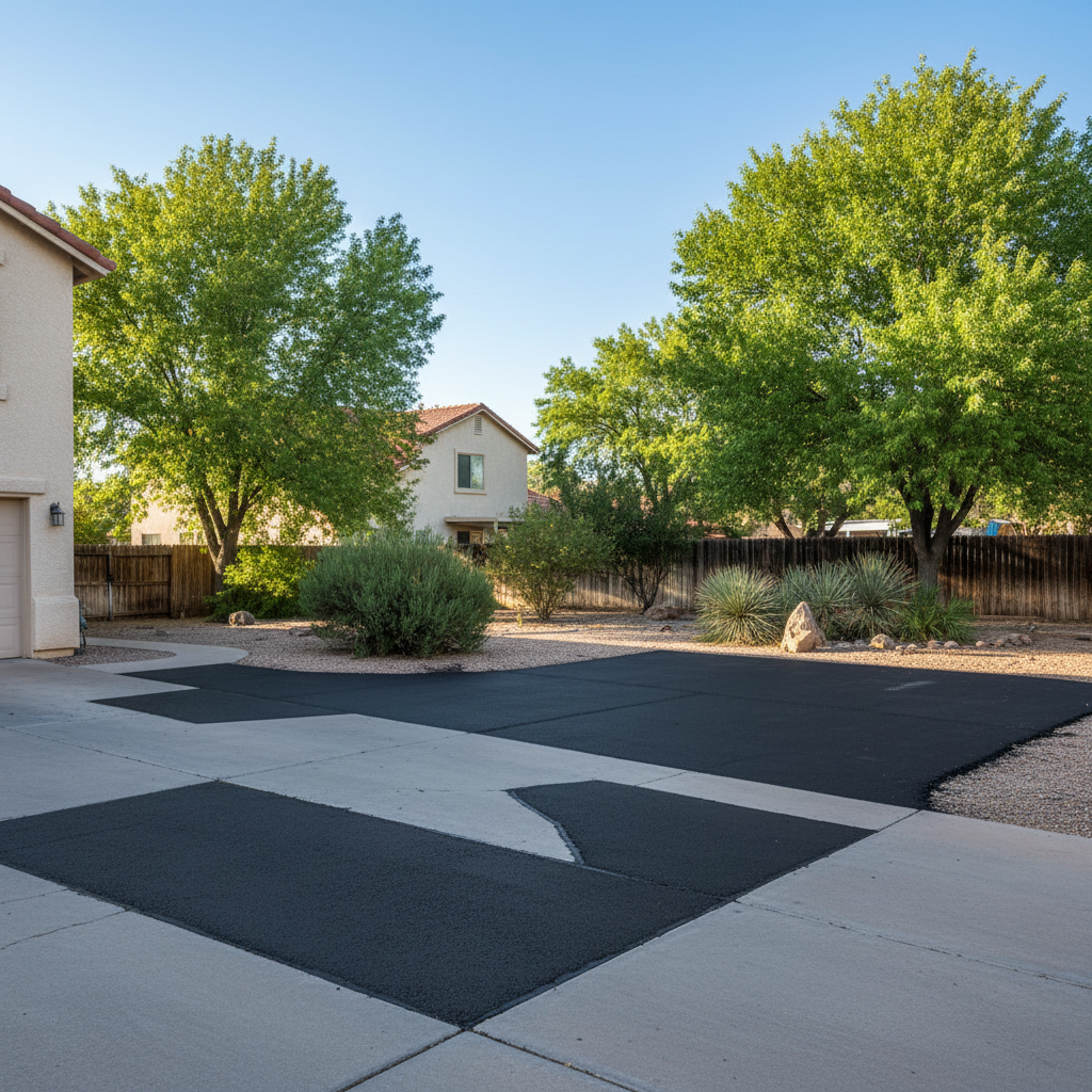 Completed asphalt patching work at a residential property in Las Cruces, NM