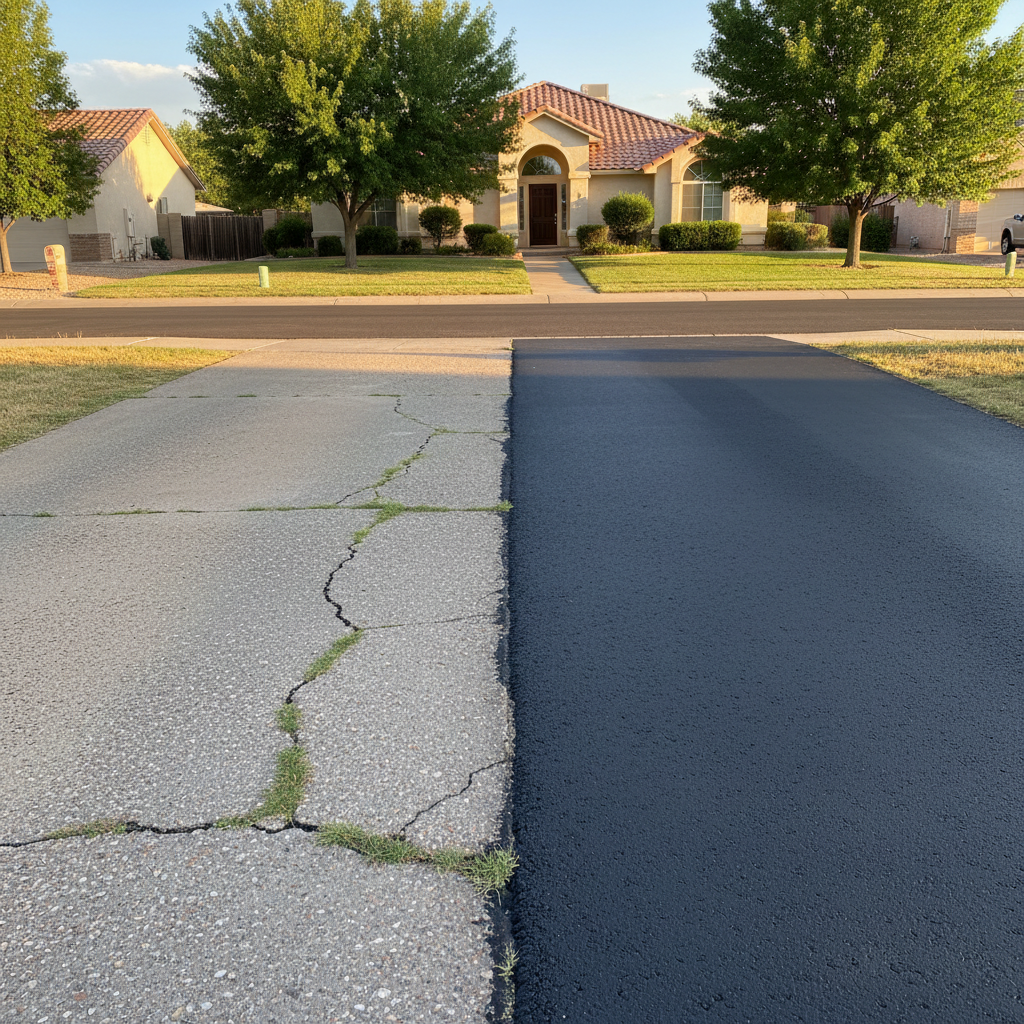Completed asphalt repair work at a residential property in Las Cruces, NM