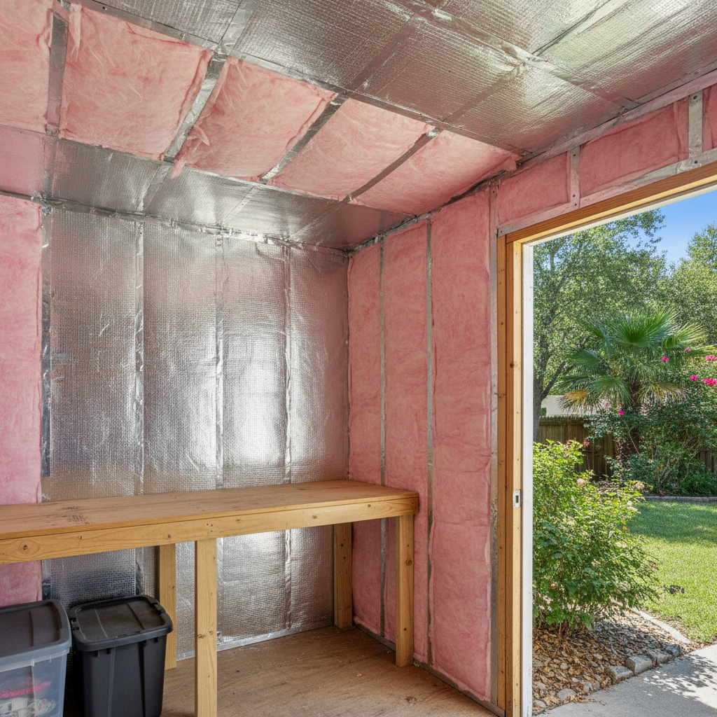 Completed shed insulation work at a residential property in Seguin, TX