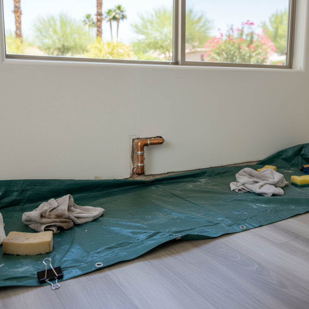 Completed burst pipe repair and cleanup work at a residential property in Gilbert, AZ