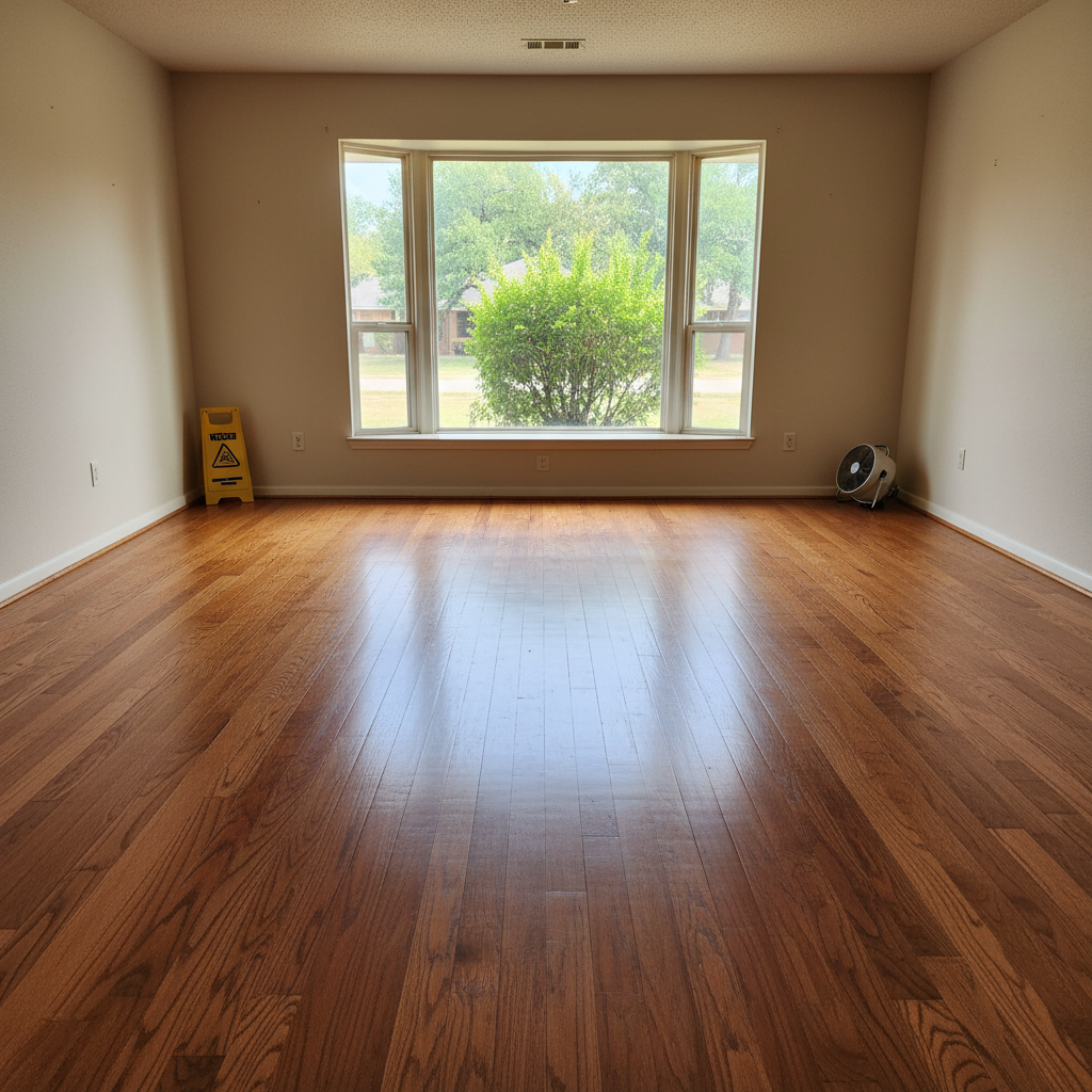 Completed hardwood floor water damage restoration work at a residential property in Von Ormy, TX