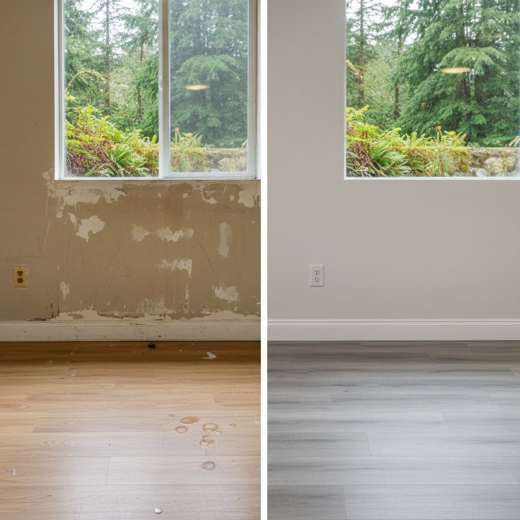 Completed water damage repair work at a residential property in Kenmore, WA