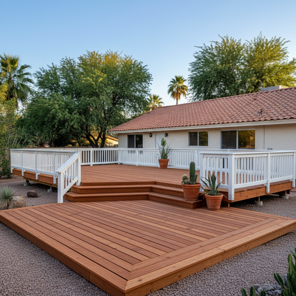 Completed wooden decks work at a residential property in Tempe, AZ