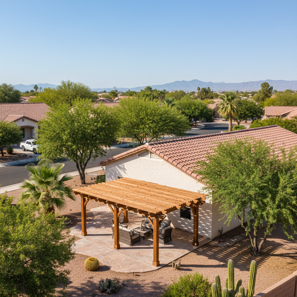 Completed pergola construction work at a residential property in El Mirage, AZ
