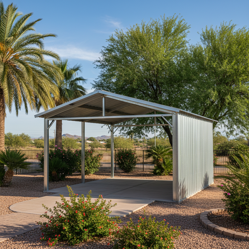 Completed metal frame sheds work at a residential property in Coolidge, AZ