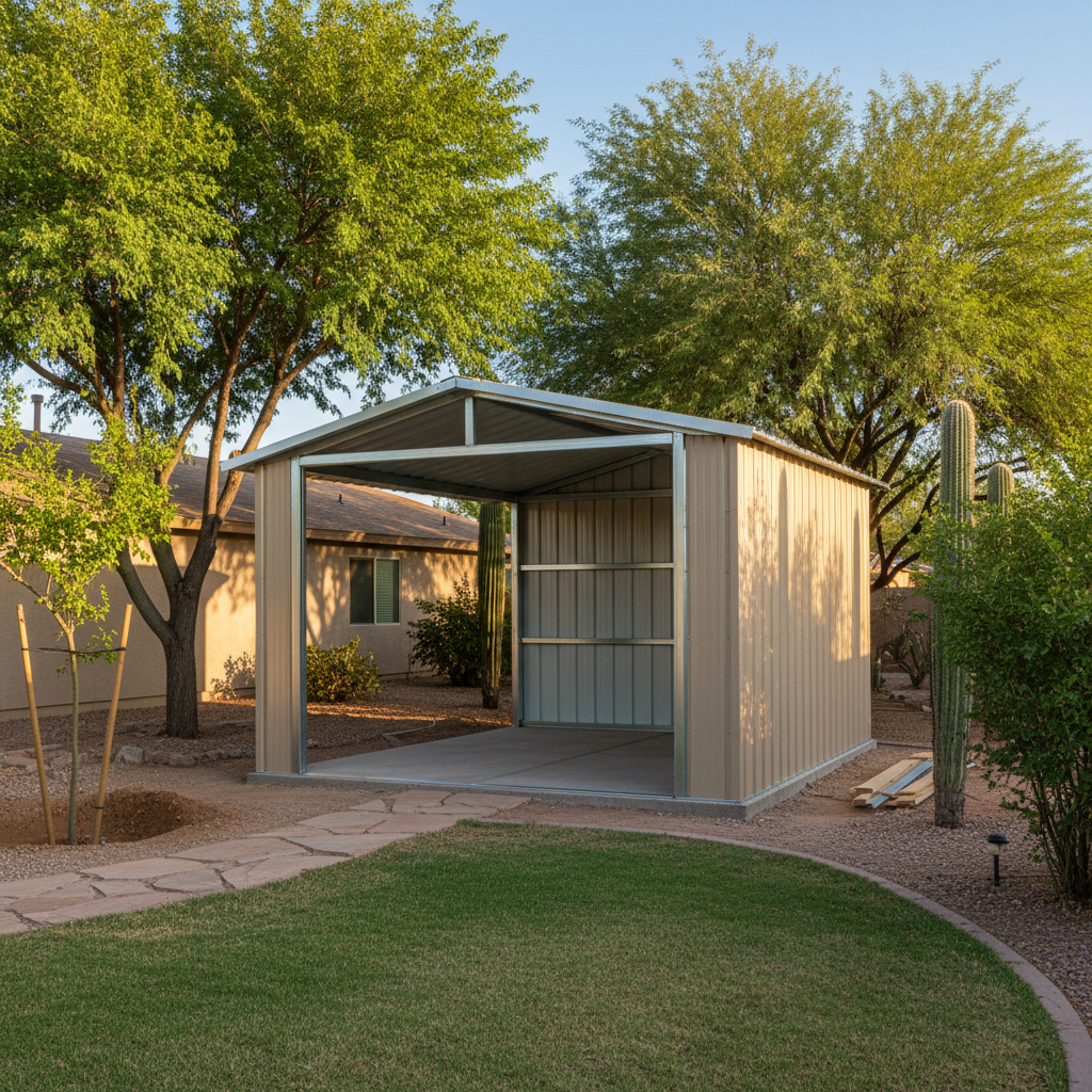 Completed metal frame sheds work at a residential property in Coolidge, AZ